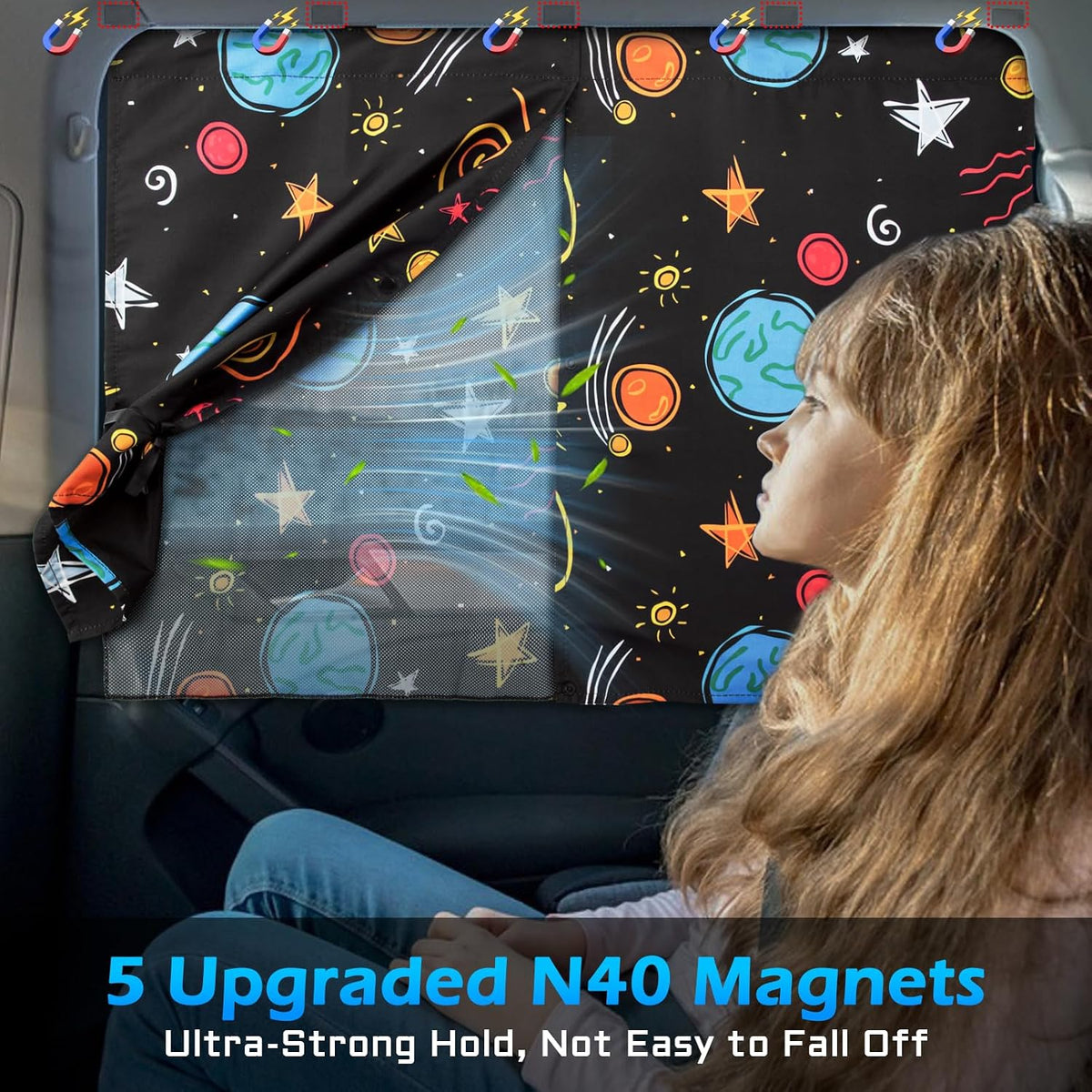 Car Window Shades, 2 Packs Magnetic car Sun Shade for Baby, Double Layers Magnetic Colourful Space Pattern for Full Covers/Half Shade Options, Window Curtains for Heat/UV Protection Sun Block Covers