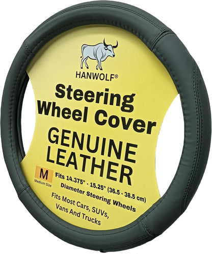 Steering Wheel Cover, Black, Real Genuine Leather, 15 inch, for Men and Women, Universal, Stretch On, Heat Resistant, Stays Cool, Non-Slip, HANWOLF