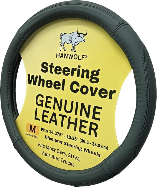 Steering Wheel Cover, Black, Real Genuine Leather, 15 inch, for Men and Women, Universal, Stretch On, Heat Resistant, Stays Cool, Non-Slip, HANWOLF