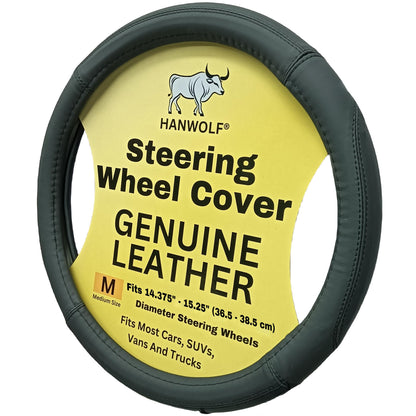 Steering Wheel Cover, Black, Real Genuine Leather, 15 inch, for Men and Women, Universal, Stretch On, Heat Resistant, Stays Cool, Non-Slip, HANWOLF