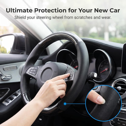 Car Steering Wheel Cover, D-shape Leather Anti-scratch Steering Wheel Protective Sleeve, Breathable Non-slip Cover for All Seasons, Universal for 14.1" - 15.3" Diameter (Carbon Fiber Black)