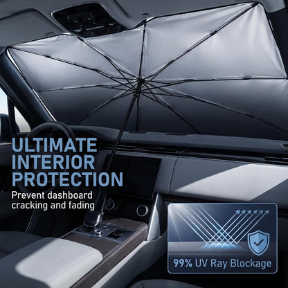 1 PC Foldable Car Windshield Sun Shade, Umbrella-style Retractable Sunshade with Silver Coated Fabric, Universal for Most Cars, Trucks, SUVs (Silver)