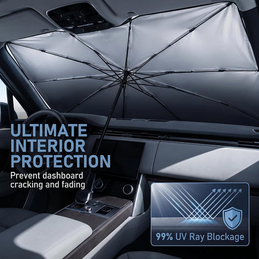1 PC Foldable Car Windshield Sun Shade, Umbrella-style Retractable Sunshade with Silver Coated Fabric, Universal for Most Cars, Trucks, SUVs (Silver)