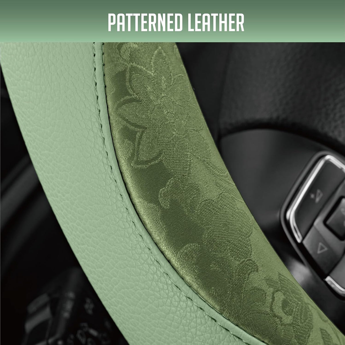 PIC AUTO Steering Wheel Cover, Green Patterned Leather Patchwork Design, Universal Fit 14.5"–15.5", Anti-Slip, Odor-Free, Soft PU Grain Leather, Durable Grip Car Accessory for Girls & Women
