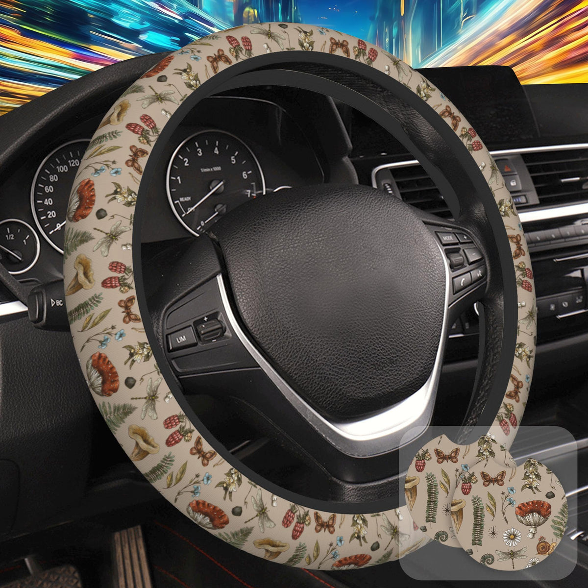 Botanical Flowers Berries Leaves Steering Wheel Cover for Women, Anti-Slip Car Steering Wheel Cover with 2 Pcs Cup Holders Neoprene Breathable Car Accessories Universal 15 Inch Auto Interior Decor