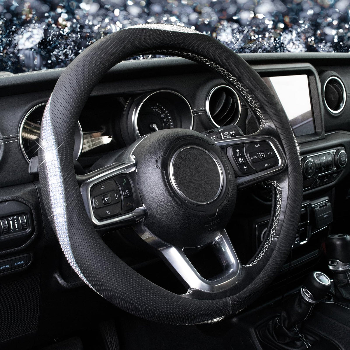 KAFEEK Diamond Leather Steering Wheel Cover, 15 Inch, Black