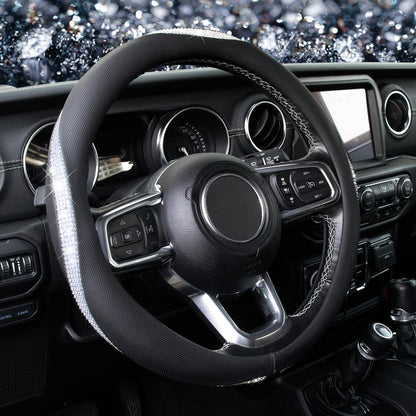 KAFEEK Diamond Leather Steering Wheel Cover, 15 Inch, Black