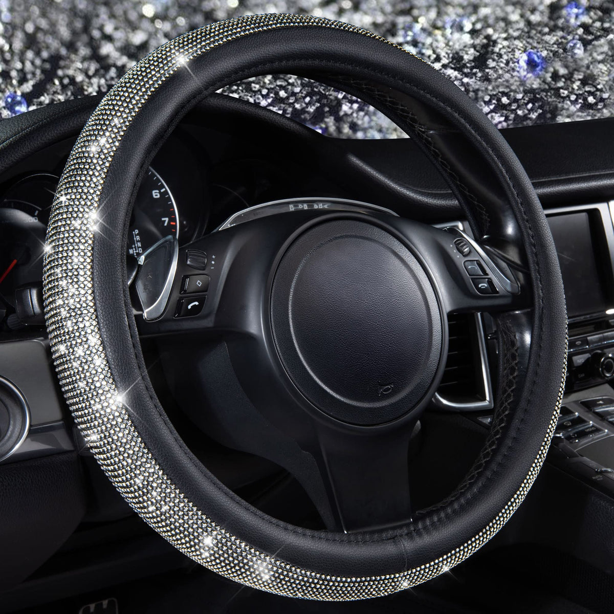 CAR PASS Bling Diamond Leather Steering Wheel Cover, with Bling Sparkly Crystal Glitter Rhinestones Universal Fit 14" 1/2-15" Car Wheel Protect for Women Girl Fit Suvs,Vans,Sedans,Cars,Trucks, Blue