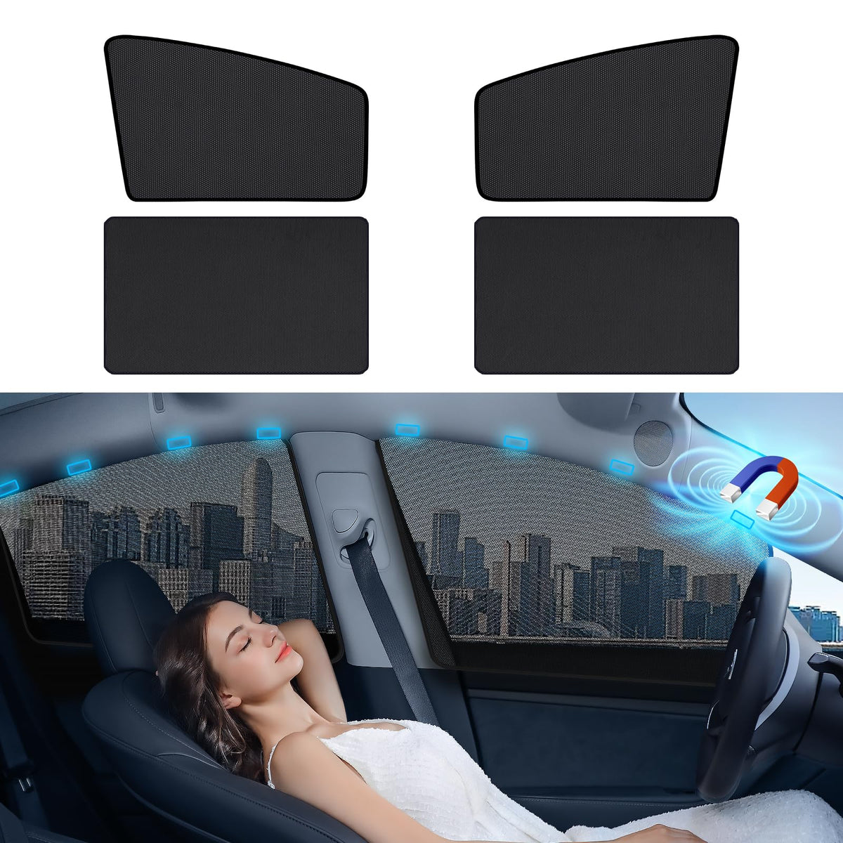Aokway Magnetic Car Window Shades, Mesh Window Covers for Camping, UV Protection Car Curtains for Front & Rear Sunshade for car Window Baby, Universal Fit for Baby & Drivers (4Pcs)