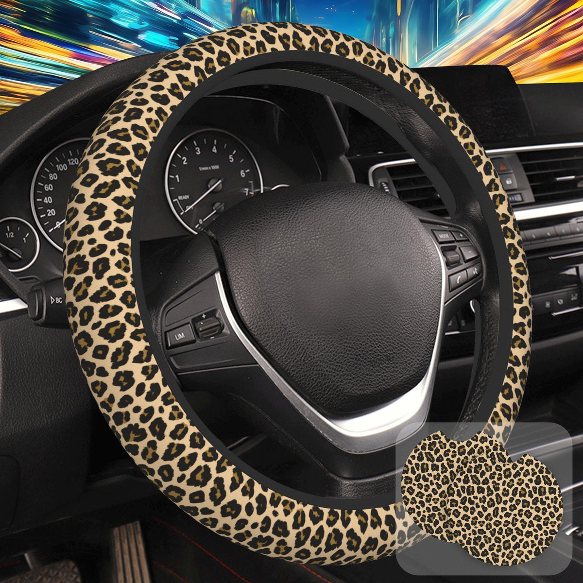 Botanical Flowers Berries Leaves Steering Wheel Cover for Women, Anti-Slip Car Steering Wheel Cover with 2 Pcs Cup Holders Neoprene Breathable Car Accessories Universal 15 Inch Auto Interior Decor