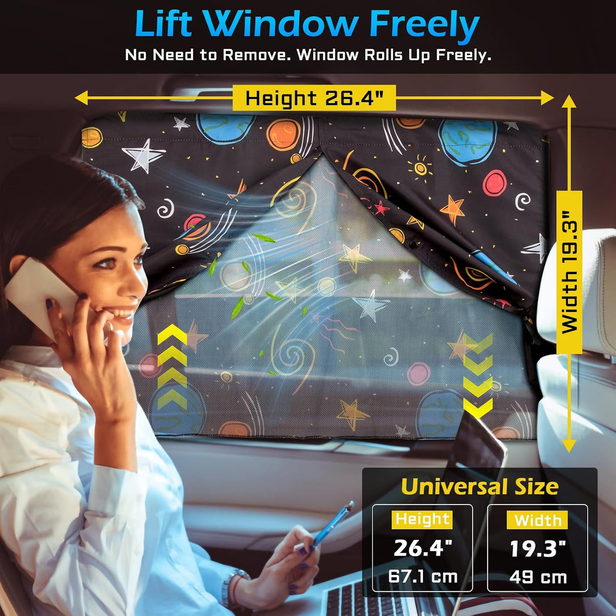Car Window Shades, 2 Packs Magnetic car Sun Shade for Baby, Double Layers Magnetic Colourful Space Pattern for Full Covers/Half Shade Options, Window Curtains for Heat/UV Protection Sun Block Covers