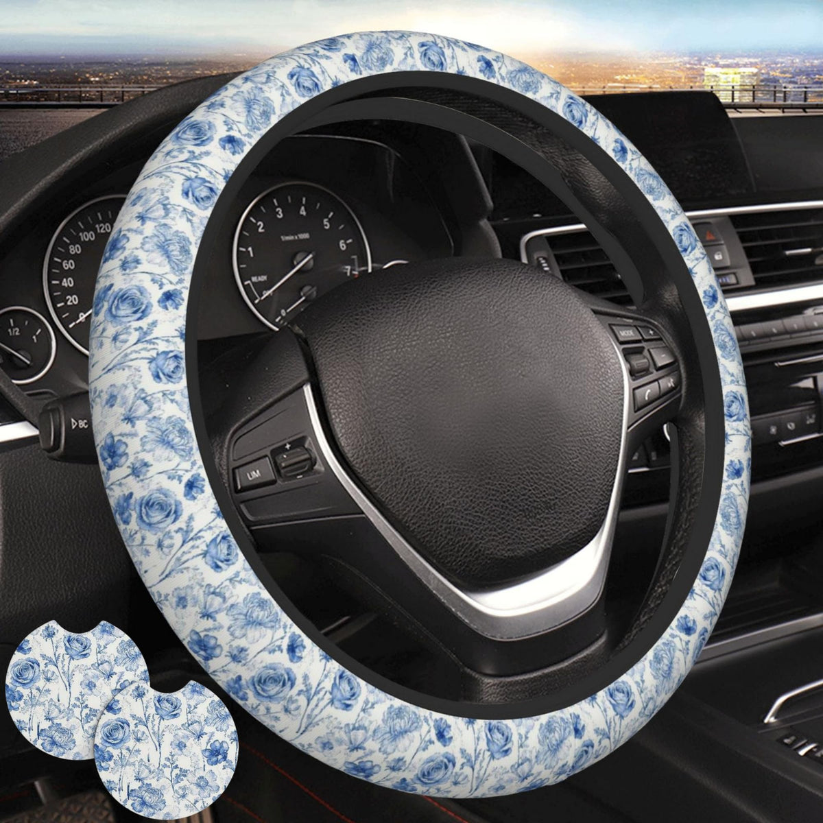Black White American Flag Steering Wheel Cover - Retro USA Flag Steering Wheel Protector Neoprene 15Inch Car Accessories 2 Pcs Car Coasters for Women Men