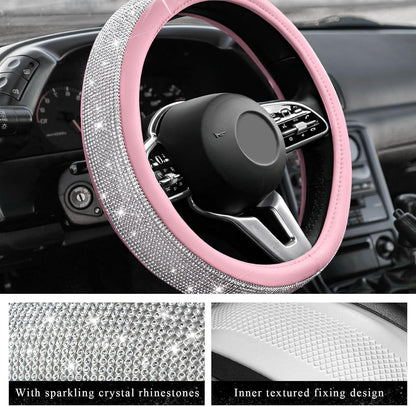 Diamond Leather Steering Wheel Cover, 15 Inch Bling Crystal Rhinestone Anti-Slip Wheel Protector, Universal Sparkling Elegant Diamond Steering Wheels Cover for Women Girl (White&Pink)