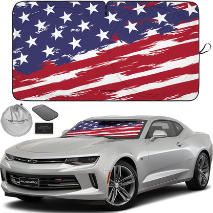 Autoamerics 1-Piece Windshield Sun Shade B&W American Flag USA Patriotic Design - Foldable Car Front Window Sunshade for Most Sedans SUV Truck - Blocks Max UV Rays and Keeps Your Vehicle Cool - Small