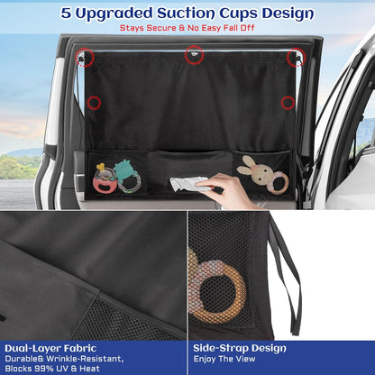 Car Window Shades, 2 Pcs 5 Suction Cups Car Sun Shade for Baby with Car Tissue Holder & Storage Net Pocket, Car Window Curtain for Heat/UV Protection Sun Block Covers, Car Camping Accessories
