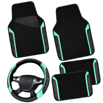 CAR PASS Microfiber Steering Wheel Cover and Waterproof Car Floor Mats,Leather Universal Car Combo Fit for 95% Truck,SUV,Cars,14.5-15inch Sporty Anti-Slip Safety Comfortable Design(Black and Pink)