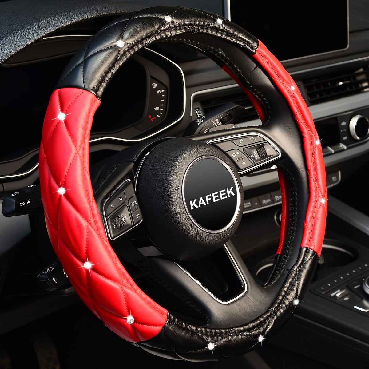 KAFEEK Diamond Leather Steering Wheel Cover, 15 Inch, Black