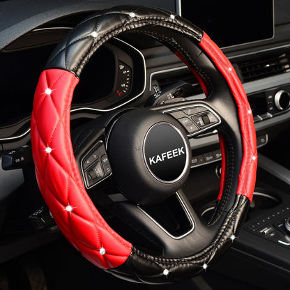 KAFEEK Diamond Leather Steering Wheel Cover, 15 Inch, Black