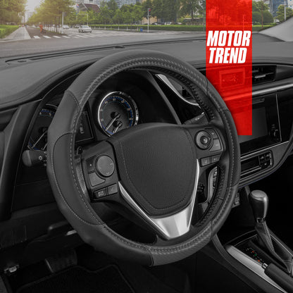 Motor Trend Perforated Microfiber Leather Steering Wheel Cover for Cars Trucks SUVs Vans, Sporty Racing Improved Grip Anti-Fatigue Ergonomic Design, Airbag Compatible - Fits Standard 15" Inch - Black