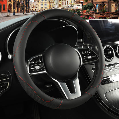 Black Red Microfiber Leather Steering Wheel Cover 14 inch