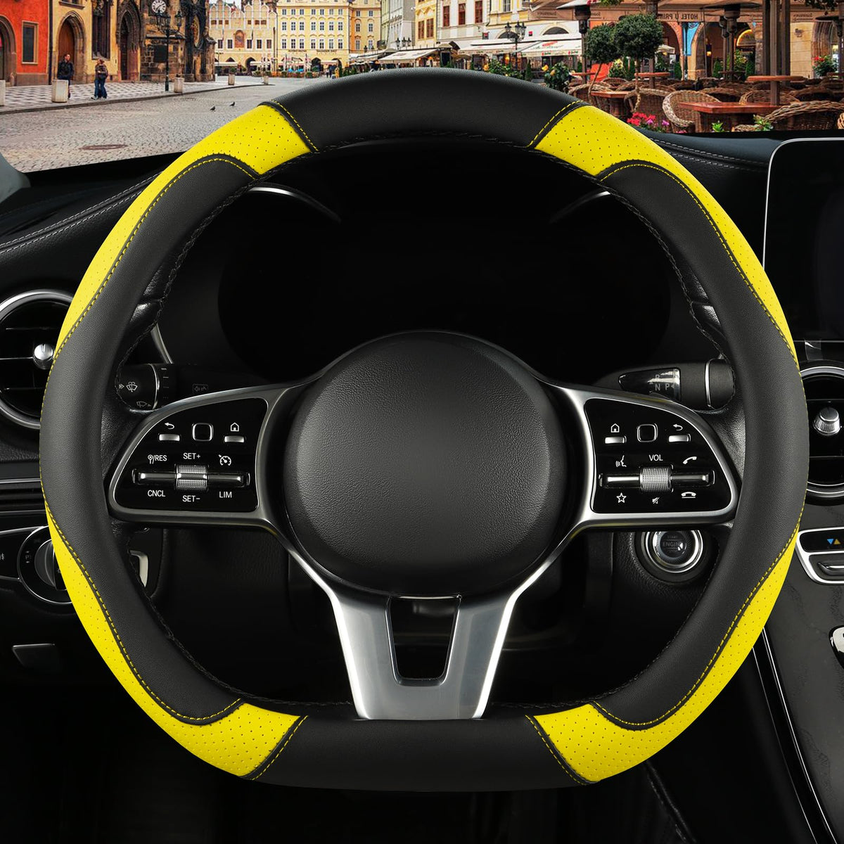 Black Red Microfiber Leather Steering Wheel Cover 14 inch