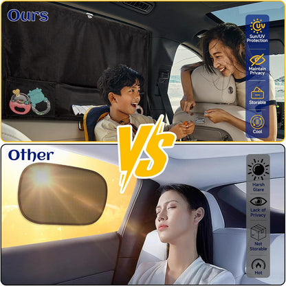 Car Window Shades, 2 Pcs 5 Suction Cups Car Sun Shade for Baby with Car Tissue Holder & Storage Net Pocket, Car Window Curtain for Heat/UV Protection Sun Block Covers, Car Camping Accessories