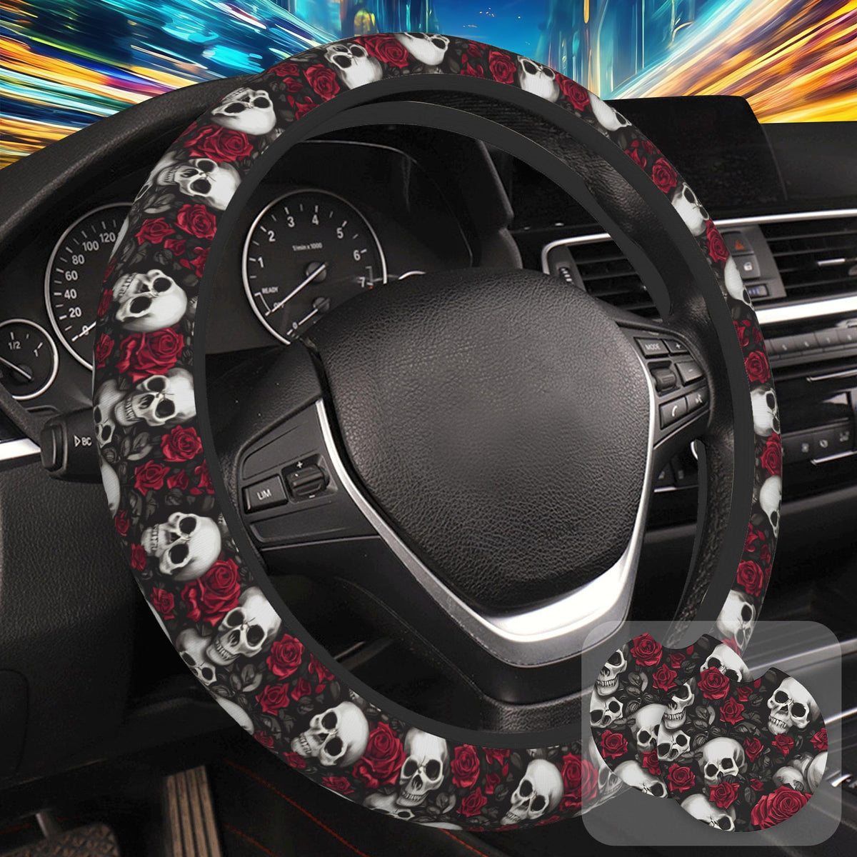 Botanical Flowers Berries Leaves Steering Wheel Cover for Women, Anti-Slip Car Steering Wheel Cover with 2 Pcs Cup Holders Neoprene Breathable Car Accessories Universal 15 Inch Auto Interior Decor