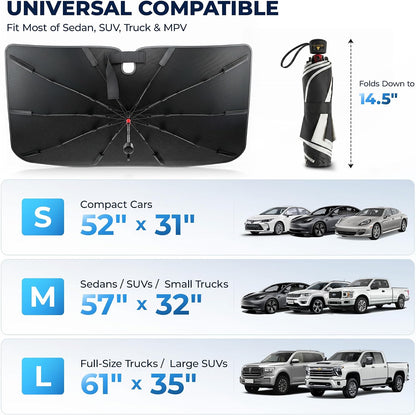 DMJN Umbrella Windshield Sun Shade for Car & SUV, Car Sunshade for Front Windshield [Nano Ice-Crystal Coatings] UPF50+ Heat & UV Block, Protect Interior & Keep Cooler Universal for Most of Sedan & SUV