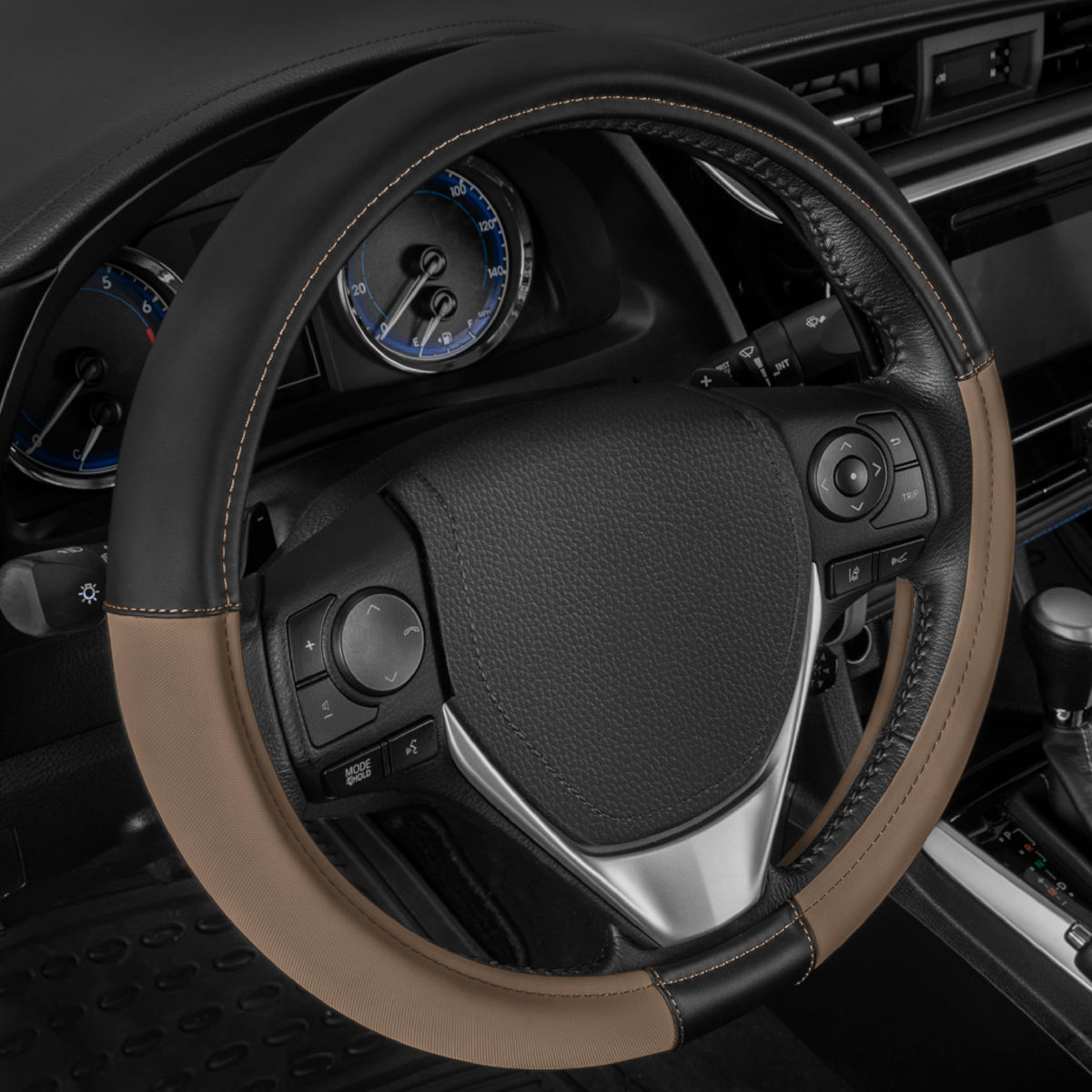 CAT® DuraGrip Car Steering Wheel Cover, Black Tire Tread Traction Design, Auto Steering Wheel Cover for Cars Trucks Vans SUVs, Improve Grip and Control, Durable Comfortable - Large 15"-16" Inches