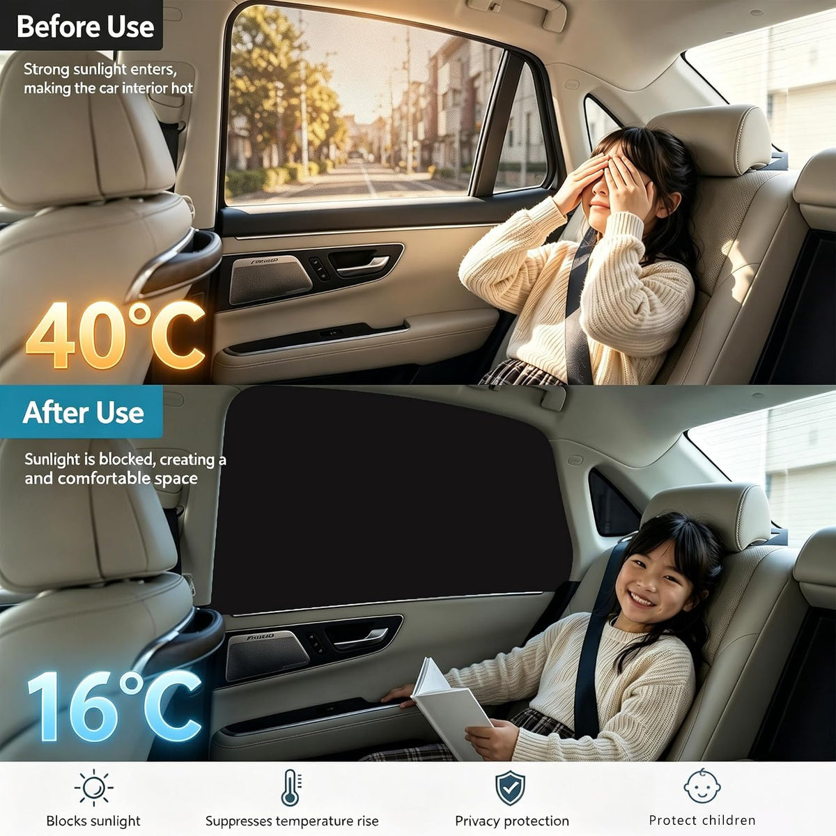 Magnetic Car Window Shades - 100% Block Light Window Tint - 4Pcs