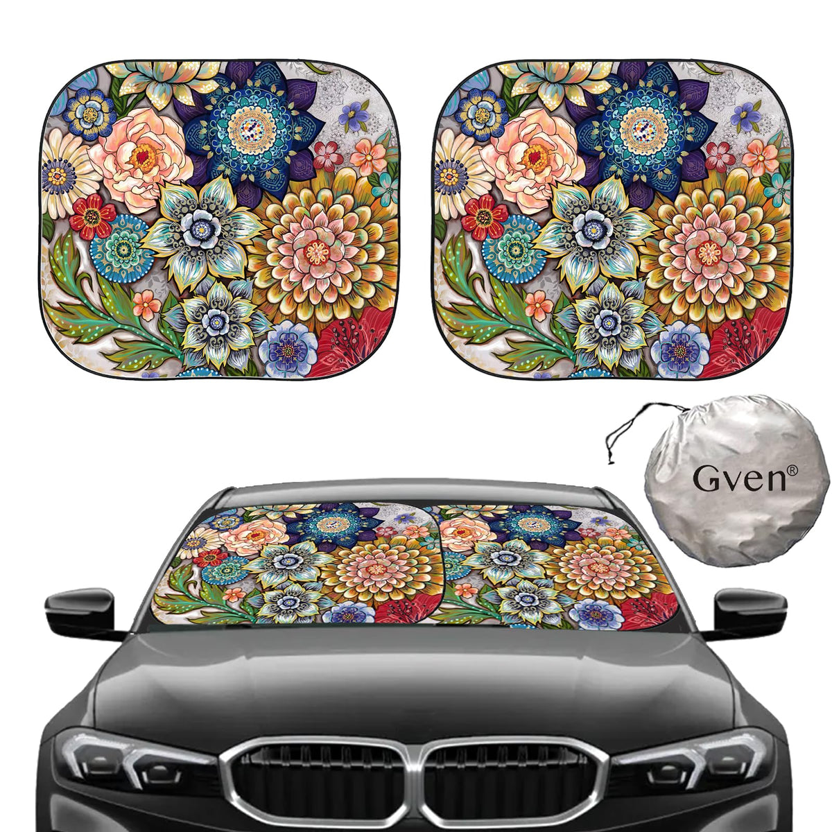 Gven Windshield Sun Shade for Car 2-Piece Foldable Sunshade for Front Windows, Blocks UV Rays, Automotive Interior Sun Protection Car Summer Accessories（Sunset,M）