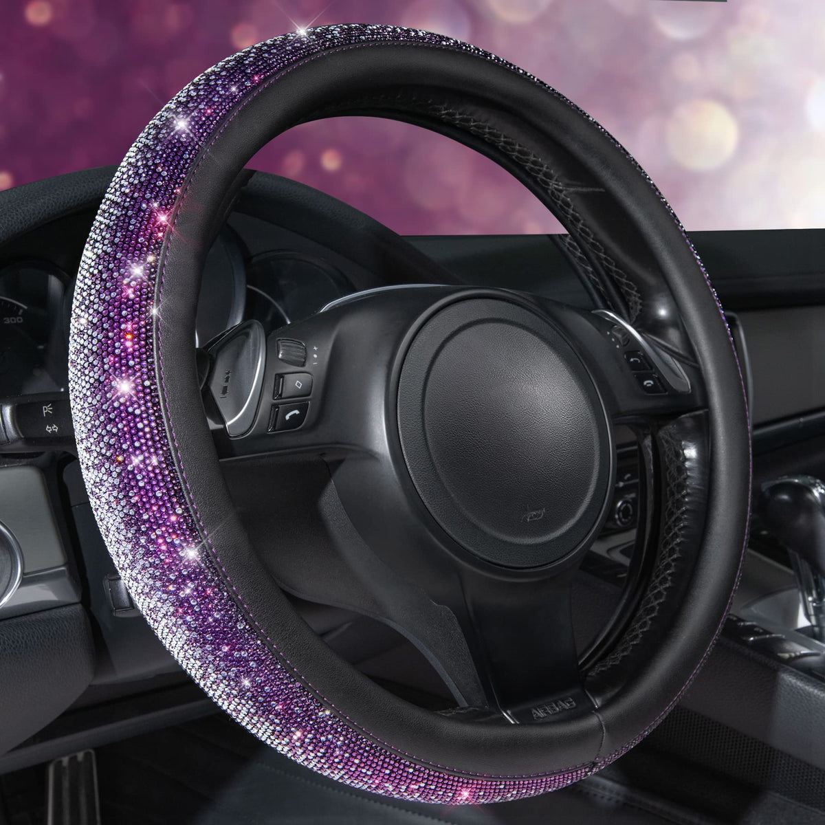 CAR PASS Bling Diamond Leather Steering Wheel Cover, with Bling Sparkly Crystal Glitter Rhinestones Universal Fit 14" 1/2-15" Car Wheel Protect for Women Girl Fit Suvs,Vans,Sedans,Cars,Trucks, Blue
