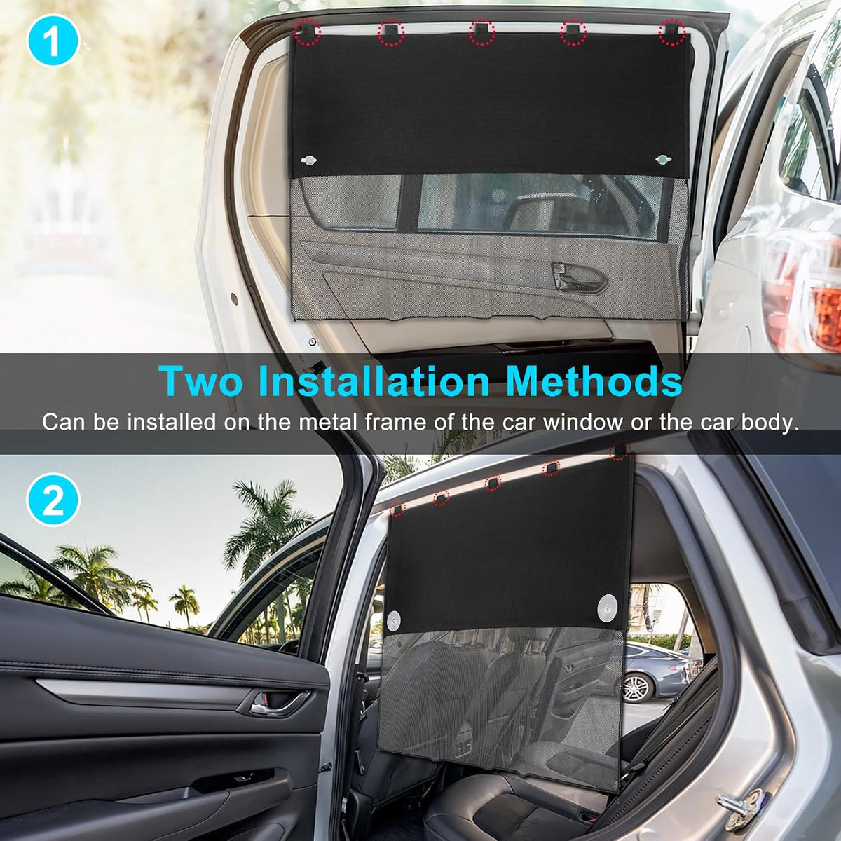 Car Window Shades, 2 Pcs Half Blackout & Half See-Through Magnetic Sun Shade for Rear Window Covers with Fixed Suction Cups,Car Curtains for Baby Sun/Heat/UV Protection