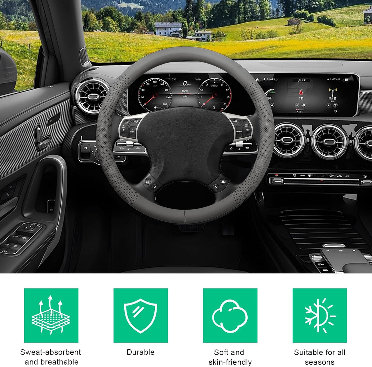 Car Steering Wheel Cover, 15" Breathable Leather Auto Wheel Protector with Comfortable Grip, Non-Slip Perforated Steering Wheel Protective Cover for SUV Truck Sedan Van (Gray)