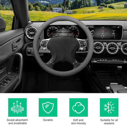 Car Steering Wheel Cover, 15" Breathable Leather Auto Wheel Protector with Comfortable Grip, Non-Slip Perforated Steering Wheel Protective Cover for SUV Truck Sedan Van (Gray)