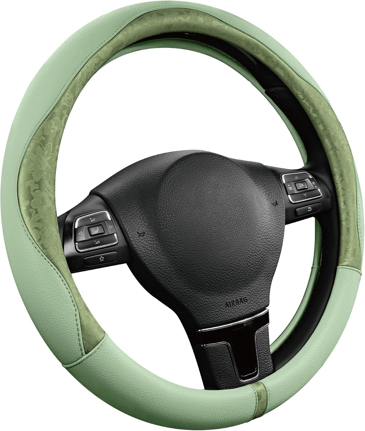 PIC AUTO Steering Wheel Cover, Green Patterned Leather Patchwork Design, Universal Fit 14.5"–15.5", Anti-Slip, Odor-Free, Soft PU Grain Leather, Durable Grip Car Accessory for Girls & Women