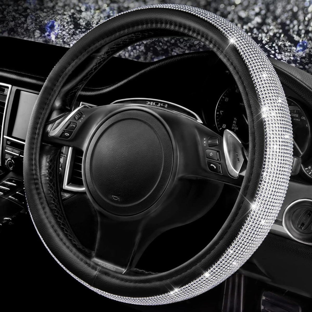 CAR PASS Bling Diamond Leather Steering Wheel Cover, with Bling Sparkly Crystal Glitter Rhinestones Universal Fit 14" 1/2-15" Car Wheel Protect for Women Girl Fit Suvs,Vans,Sedans,Cars,Trucks, Blue