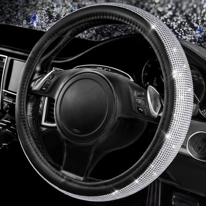 CAR PASS Bling Diamond Leather Steering Wheel Cover, with Bling Sparkly Crystal Glitter Rhinestones Universal Fit 14.5in-15in Car Wheel Protector for Women Girl Fit Suvs,Vans,Sedans,Car,Trucks, Silver