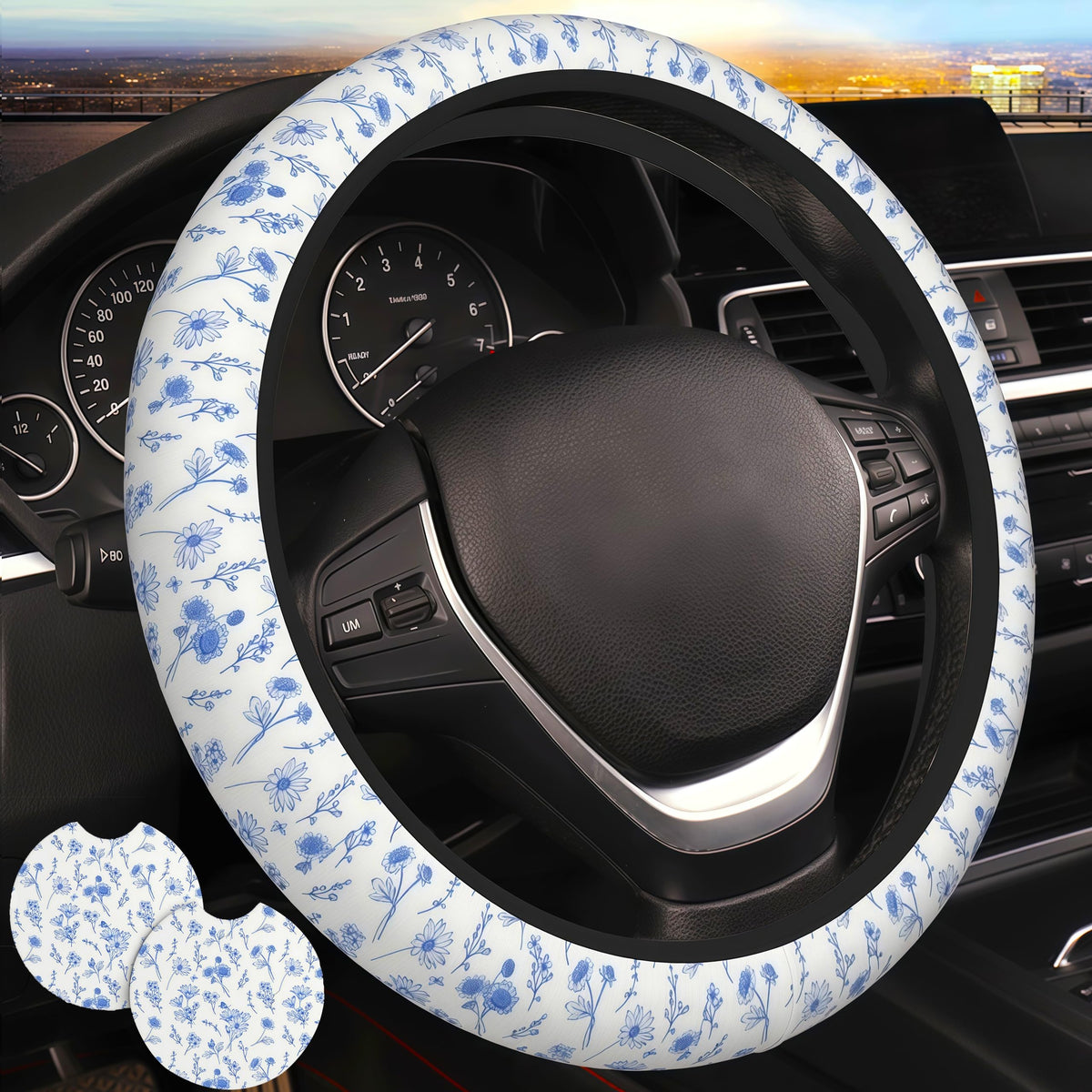 Wildflower car Steering Wheel Cover Women 15in Flower 2 Cup Coasters
