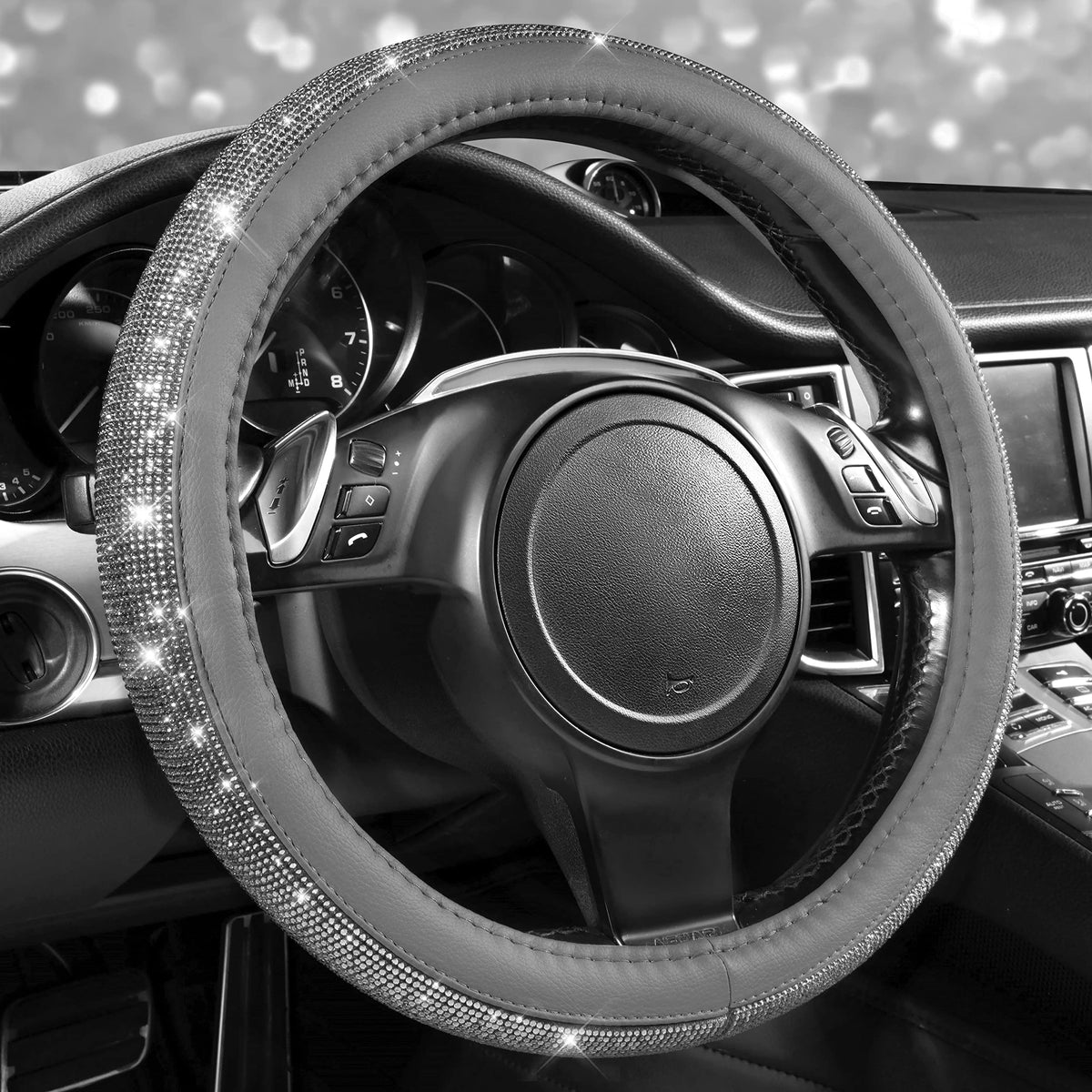 CAR PASS Bling Diamond Steering Wheel Cover Leopard Pattern, Sparkly Crystal Glitter Rhinestones Black Leather Wheel Protect for Women Girl Fit Suvs,Vans,Sedans,Cars,Trucks, 14" 1/2-15" Gold Leopard