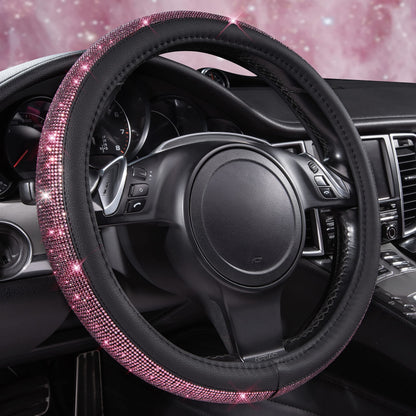 CAR PASS Bling Diamond Leather Steering Wheel Cover, with Bling Sparkly Crystal Glitter Rhinestones Universal Fit 14" 1/2-15" Car Wheel Protect for Women Girl Fit Suvs,Vans,Sedans,Cars,Trucks, Blue