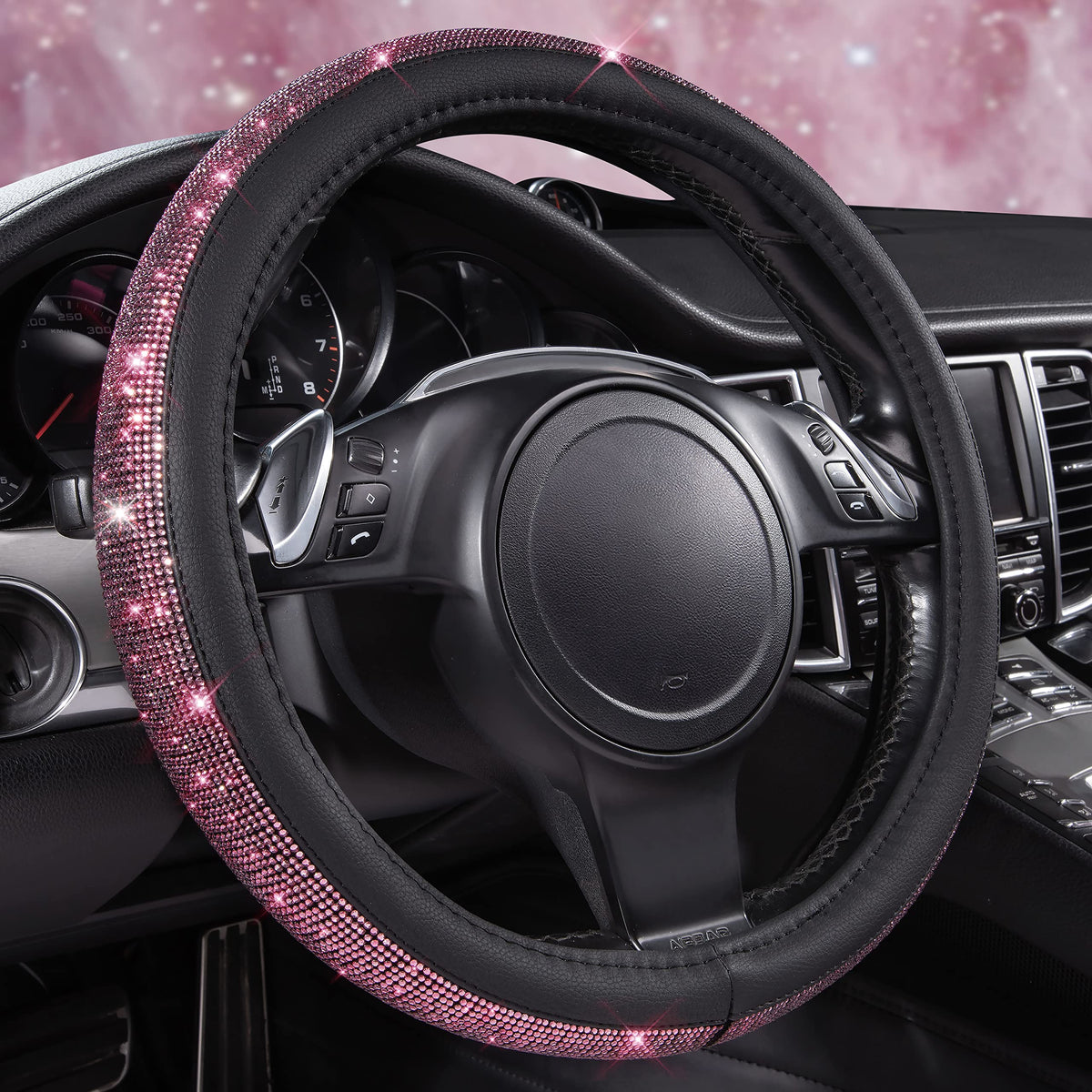 CAR PASS Bling Diamond Leather Steering Wheel Cover, with Bling Sparkly Crystal Glitter Rhinestones Universal Fit 14.5in-15in Car Wheel Protector for Women Girl Fit Suvs,Vans,Sedans,Car,Trucks, Silver