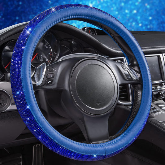 CAR PASS Bling Diamond Leather Steering Wheel Cover, with Bling Sparkly Crystal Glitter Rhinestones Universal Fit 14" 1/2-15" Car Wheel Protect for Women Girl Fit Suvs,Vans,Sedans,Cars,Trucks, Blue