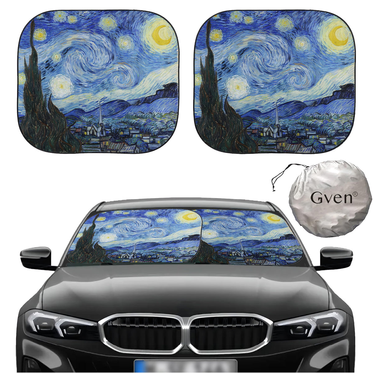 Gven Windshield Sun Shade for Car 2-Piece Foldable Sunshade for Front Windows, Blocks UV Rays, Automotive Interior Sun Protection Car Summer Accessories（Sunset,M）