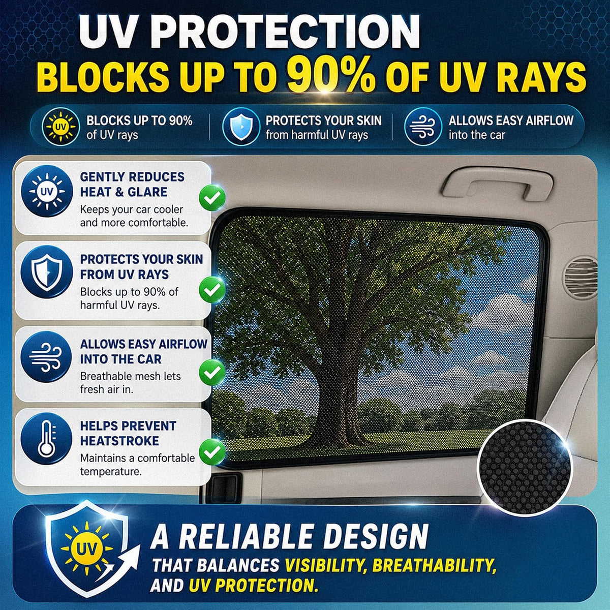 Magnetic Mesh Car Window Shades, UV Protection, 2 Pack