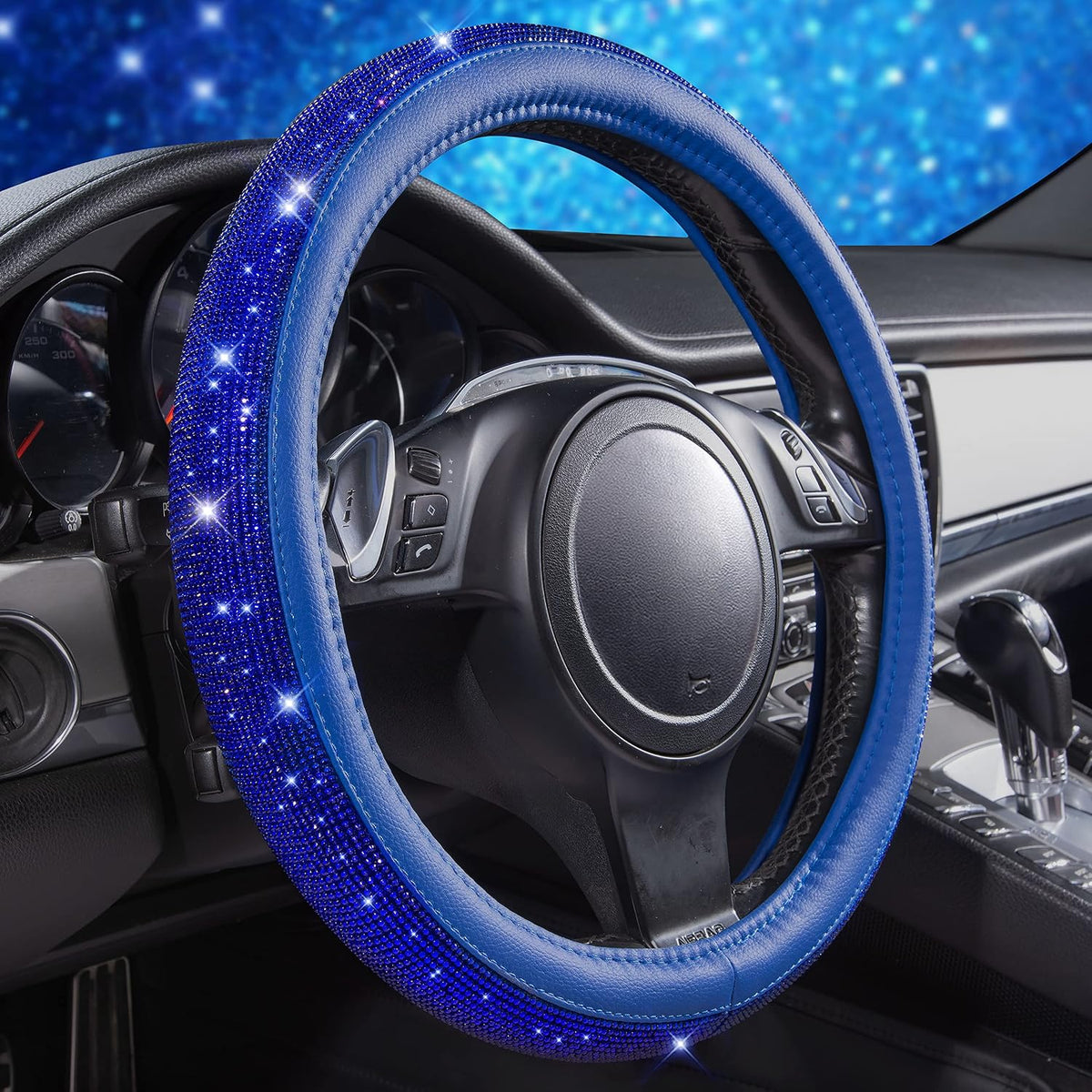 CAR PASS Bling Diamond Leather Steering Wheel Cover, with Bling Sparkly Crystal Glitter Rhinestones Universal Fit 14" 1/2-15" Car Wheel Protect for Women Girl Fit Suvs,Vans,Sedans,Cars,Trucks, Blue