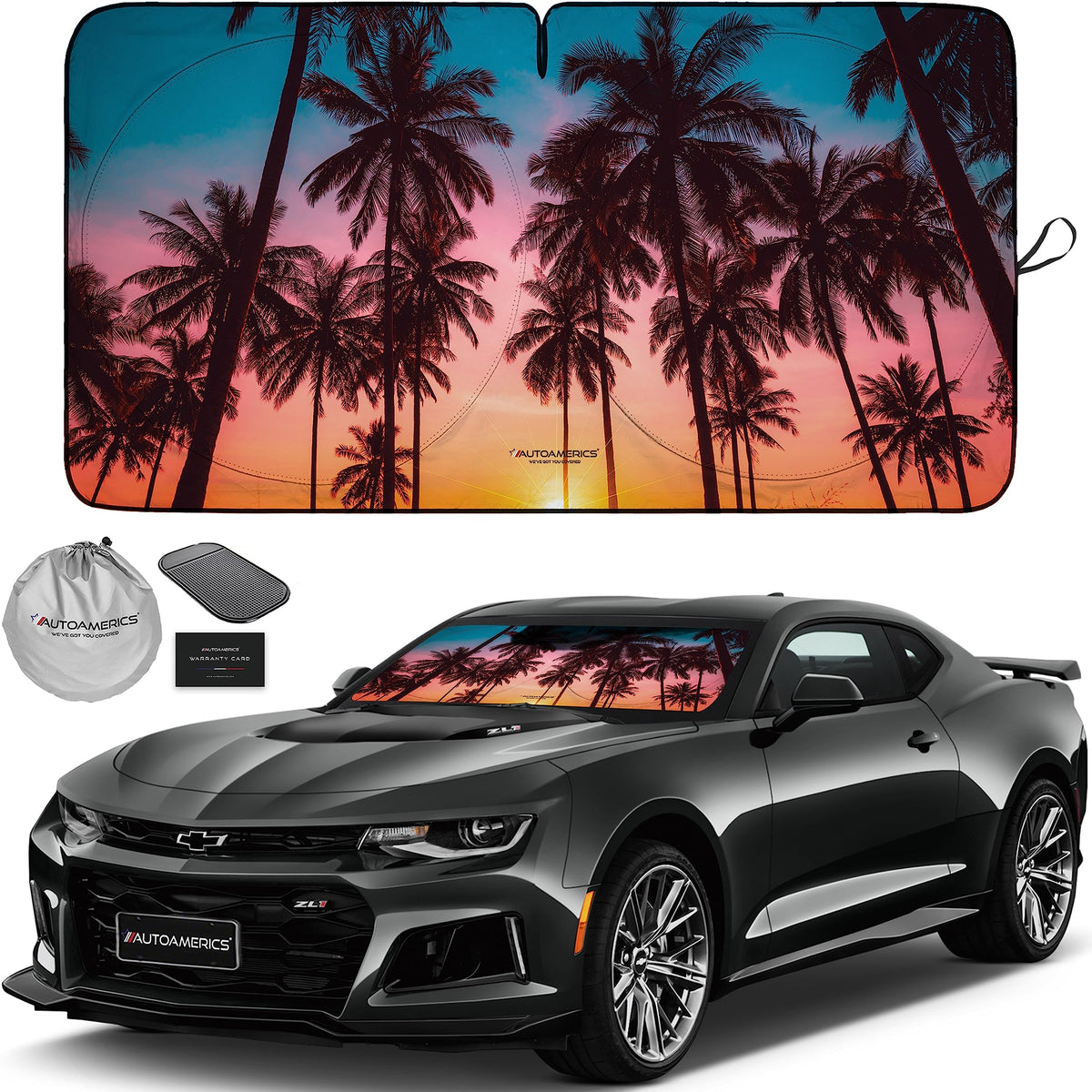 Autoamerics 1-Piece Windshield Sun Shade B&W American Flag USA Patriotic Design - Foldable Car Front Window Sunshade for Most Sedans SUV Truck - Blocks Max UV Rays and Keeps Your Vehicle Cool - Small