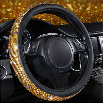 CAR PASS Bling Diamond Steering Wheel Cover Leopard Pattern, Sparkly Crystal Glitter Rhinestones Black Leather Wheel Protect for Women Girl Fit Suvs,Vans,Sedans,Cars,Trucks, 14" 1/2-15" Gold Leopard