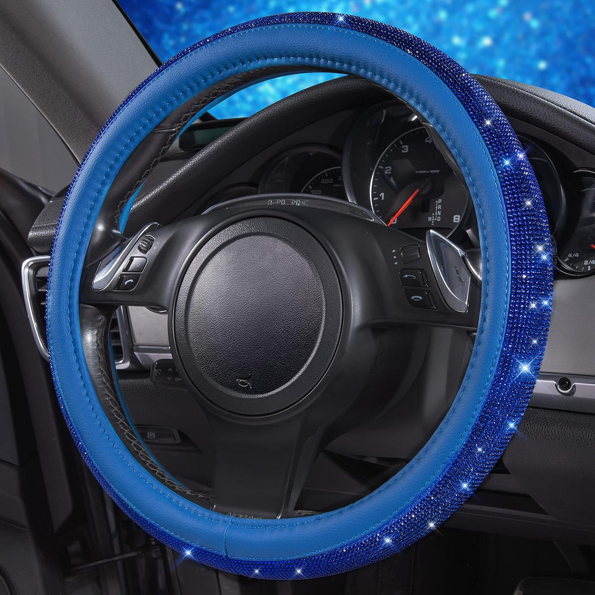 CAR PASS Bling Diamond Leather Steering Wheel Cover, with Bling Sparkly Crystal Glitter Rhinestones Universal Fit 14" 1/2-15" Car Wheel Protect for Women Girl Fit Suvs,Vans,Sedans,Cars,Trucks, Blue