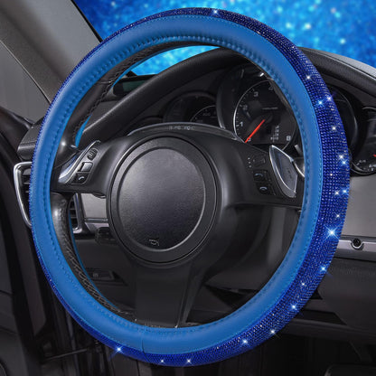 CAR PASS Bling Diamond Leather Steering Wheel Cover, with Bling Sparkly Crystal Glitter Rhinestones Universal Fit 14" 1/2-15" Car Wheel Protect for Women Girl Fit Suvs,Vans,Sedans,Cars,Trucks, Blue